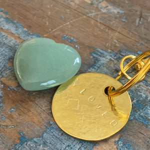 “Loved” Keychain and Green Stone Heart