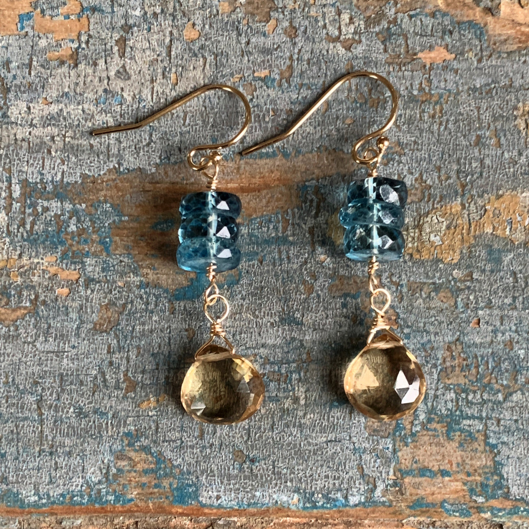 Quest Earrings / Blue Quartz  with Champagne Quartz