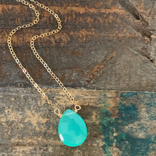 Gold filled simple necklace with aqua chalcedony gemstone pendant. 