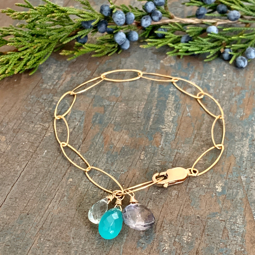 Gem Trio Bracelet - Aqua / Gold Filled