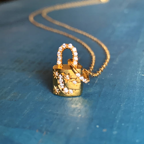 Moon and Stars Padlock Pendant / Gold