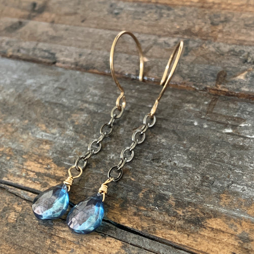 Chain Drop Gem Earrings / Blue Quartz